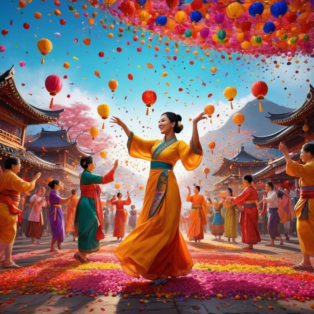A vibrant scene showcasing diverse Asian cultures celebrating joy, including traditional festivals with colorful decorations, people wearing joyful expressions in traditional attire, lanterns and confetti in the air, and elements depicting dance, music, and food. The background features beautiful landscapes from various Asian countries. super-realistic. vibrant colors. 3D.