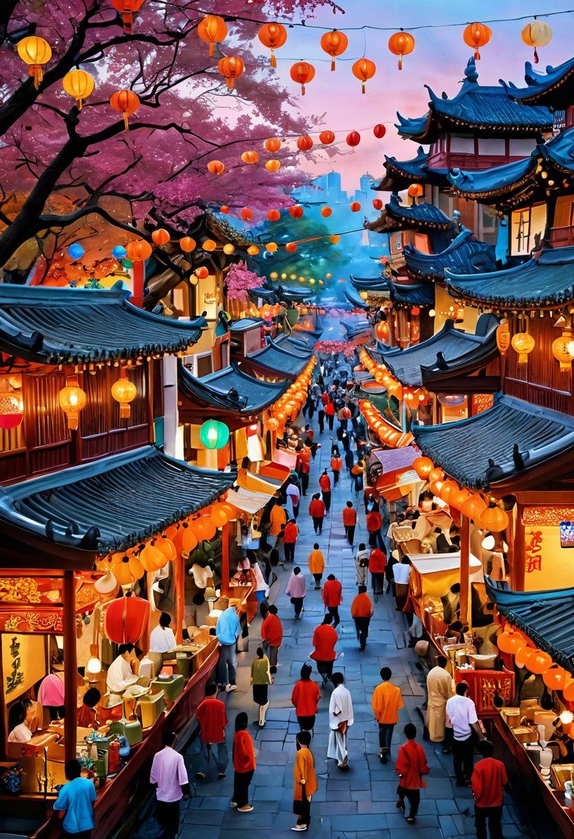 A vibrant collage showcasing traditional Asian festivals like lanterns, dragon dances, and colorful parades blended seamlessly with scenes of everyday life, including people enjoying tea, street food, and tranquil parks. Each scene radiates warmth and joy, highlighting the rich tapestry of Asian cultures. The background should feature soft pastel colors symbolizing peaceful living. super-realistic. vibrant colors. warm tones.