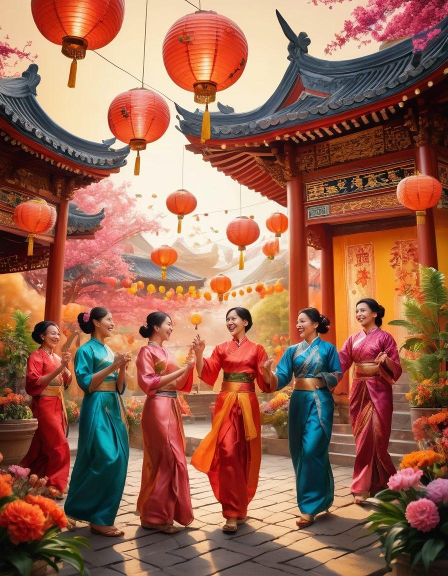 A colorful and vibrant scene depicting a diverse group of people celebrating joy in an Asian cultural festival, surrounded by traditional decorations, lanterns, and floral arrangements. Include expressions of happiness, laughter, and togetherness, with elements representing optimism such as sunshine and blooming flowers. The background should feature iconic Asian architecture and nature. super-realistic. vibrant colors. cultural festival.